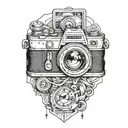 camera with 3 pocket watche intertwined within tattoo design idea