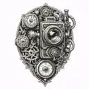 camera with 3 pocket watches intertwined within tattoo design idea