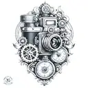 camera with 3 pocket watches intertwined within tattoo design idea