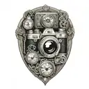 camera with 3 pocket watches intertwined within tattoo design idea