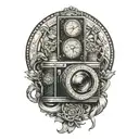 camera with 3 pocket watches intertwined within tattoo design idea
