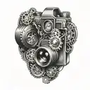 camera with 3 pocket watches gears intertwined within tattoo design idea