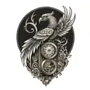 phoenix rising from a camera with 3 pocket watches   tattoo design idea