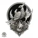 phoenix rising from a camera with 3 pocket watches   tattoo design idea