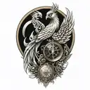 phoenix rising from a camera with 3 pocket watches   tattoo design idea