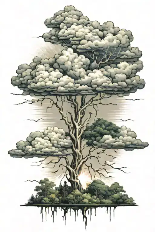 Clouds with lightning and sunrays lush forest landscape tattoo design idea