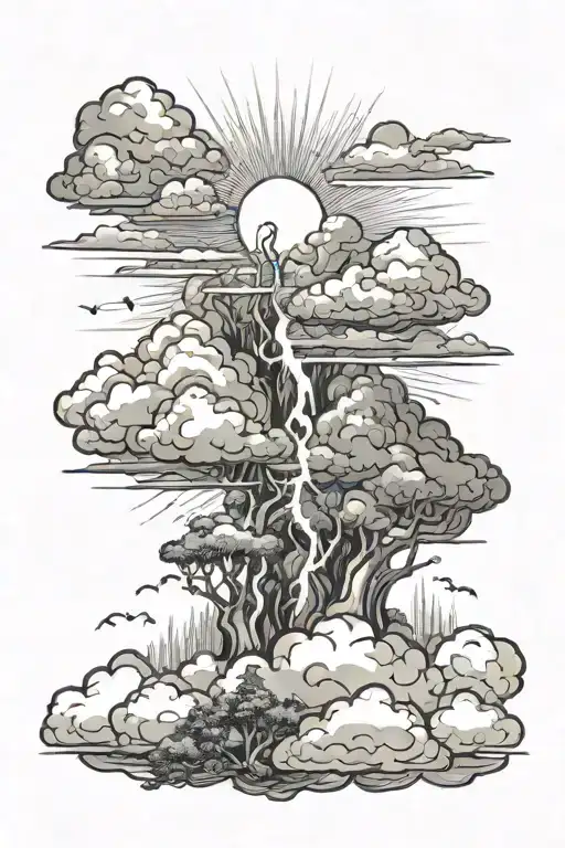 Clouds with lightning and sunrays lush forest.  tattoo design idea