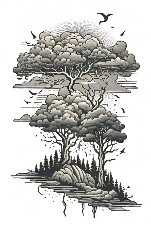 Clouds with lightning and sunrays lush forest landscape tattoo design idea