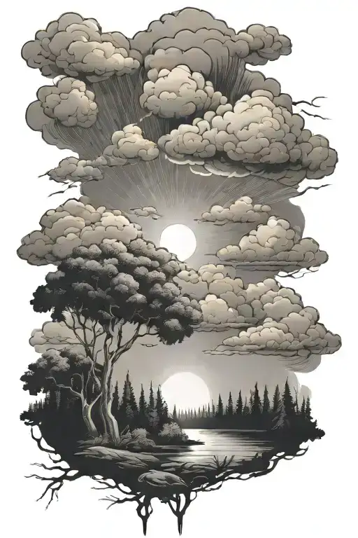 Clouds with lightning and sunrays lush forest. tattoo design idea