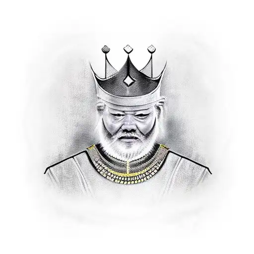 A one eye king sitting on a throne. He only has his left eye. The king is covered in bandages. A bandage covers right I tattoo design idea
