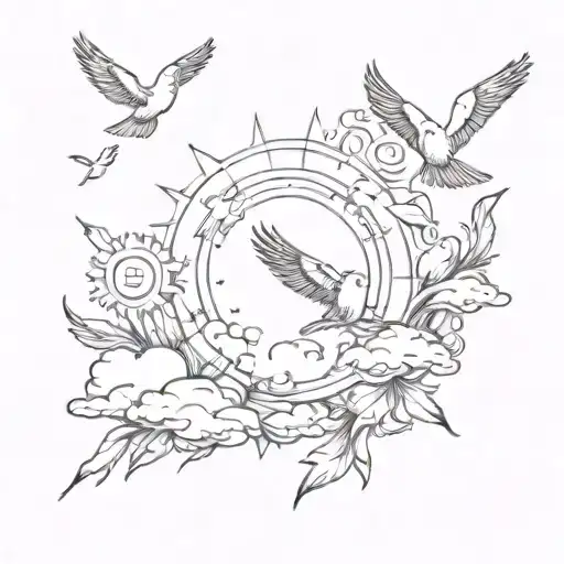 sun, clouds surrounding sun, and birds flying away tattoo design idea