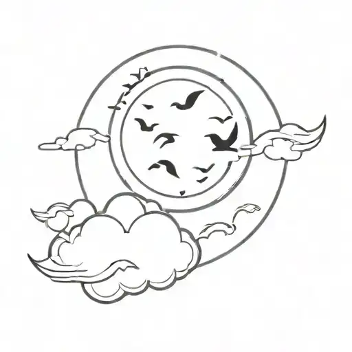 sun, clouds surrounding sun, and birds flying away tattoo design idea
