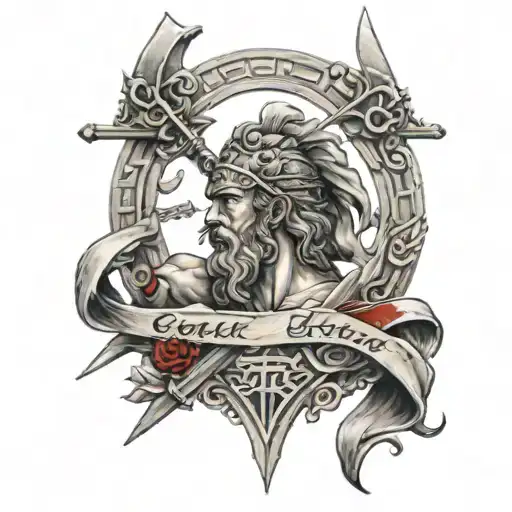 Greek mythology with red letters and swords crossing tattoo design idea