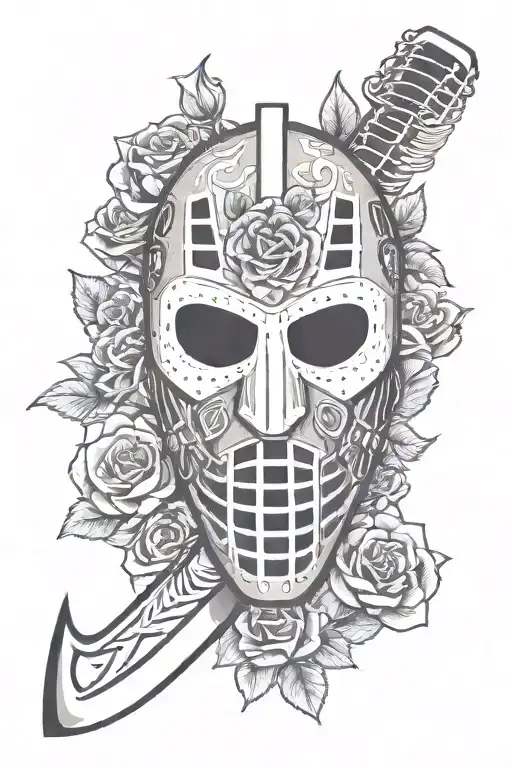 hockey goalie mask surrounded by some roses tattoo design idea