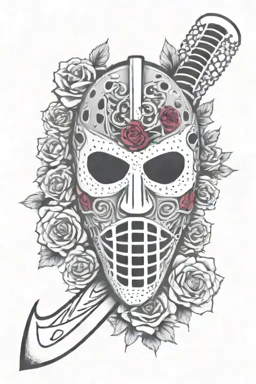 hockey goalie mask with 2 hockey sticks below and surrounded by some roses tattoo design idea
