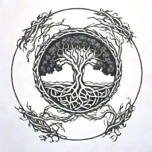tree of life with roots and branches connected forming a circle inside a celtic band tattoo design idea