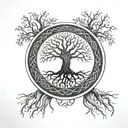 tree of life with roots and branches connected forming a circle inside a celtic band tattoo design idea