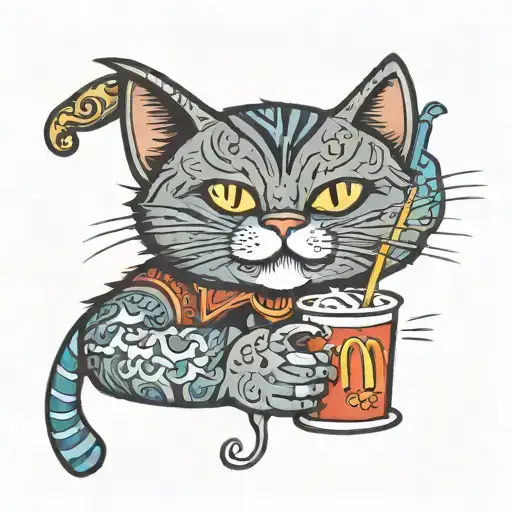 cartoon cat drinking McDonald's sweet tea cup tattoo design idea
