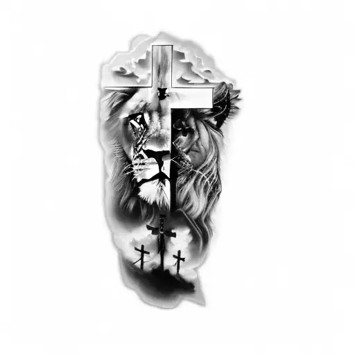 a lion and a cross replace face with praying hands tattoo design idea