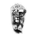 a lion and a cross replace face with praying hands tattoo design idea