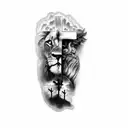 a lion and a cross replace face with praying hands tattoo design idea