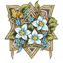 Forget me nots flowers in the color of a bi flag intertwining in the Triforce from zelda tattoo design idea