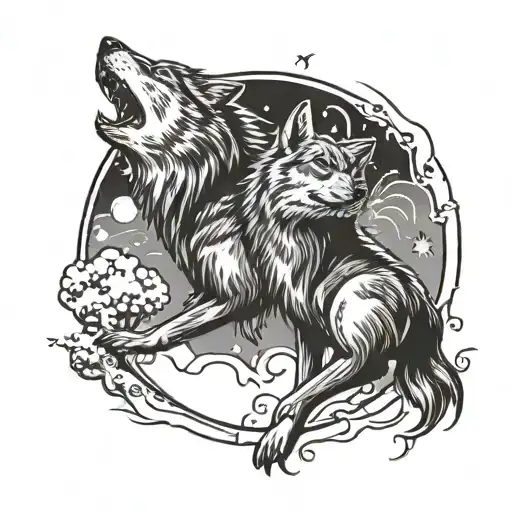 two wolves chasing sun and moon in a circle  tattoo design idea