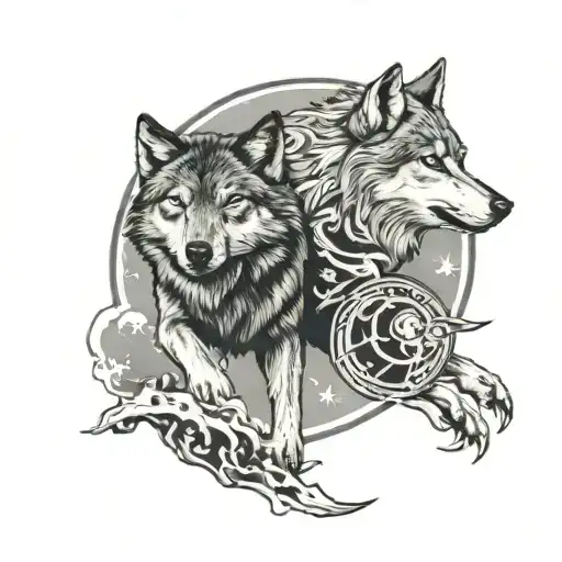 two wolves chasing sun and moon surrounded tattoo design idea