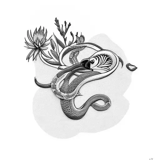 Design a tattoo showcasing a black cockatoo, platypus and snake with gum tree, wattle and  a waratah flower tattoo design idea