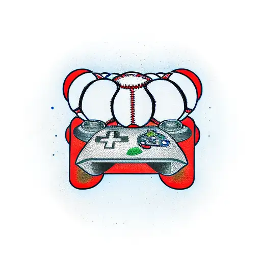 A new-school tattoo of a video game controller with baseball and hockey elements incorporated tattoo design idea