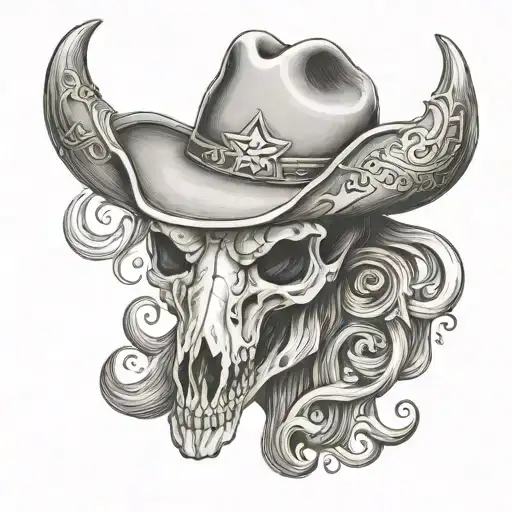 Texas long horn skull wearing a cowboy hat with the Texas star on the hat  tattoo design idea