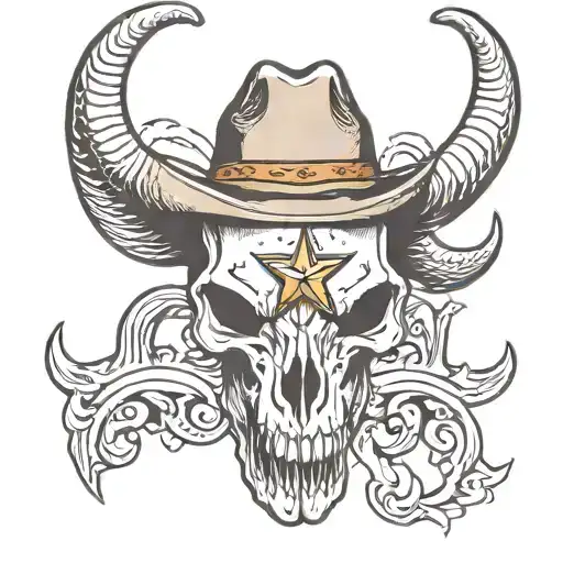 Texas long horn skull wearing a cowboy hat with the Texas star on the hat  tattoo design idea