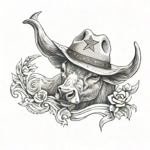 Texas long horn wearing a cowboy hat with the Texas star on the hat  tattoo design idea