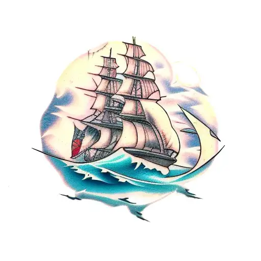 Damaged ship with torn sails and broken rear mastin rough seas directly below north star tattoo design idea