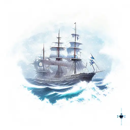 Damaged ship in rough seas directly below north star tattoo design idea