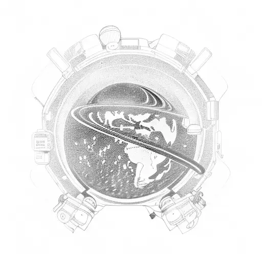 astronaut with details floating in space with the right hand holding a globe that will be the planet saturn and the left tattoo design idea