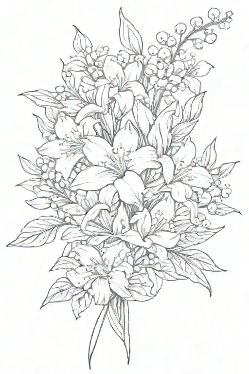 simple bouquet with four flowers lilly of the valley, rose, gladiolus, chrysanthemum tattoo design idea
