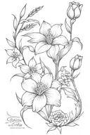 4 flowers only gladiolus, lily of the valley, rose, chrysanthemum tattoo design idea