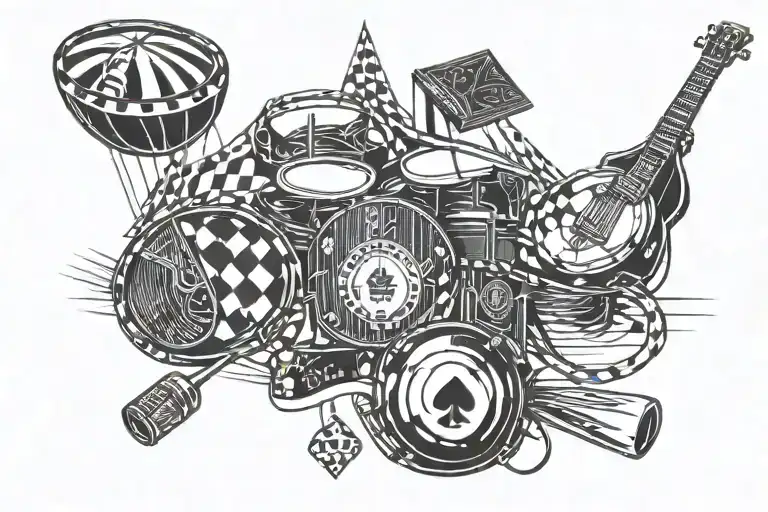poker, basketball, drums. boxing mixed together with horizontal lines  tattoo design idea
