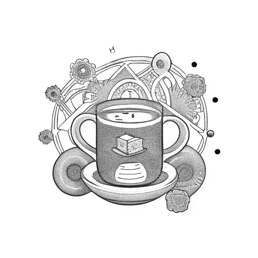 serotonin molecule with books, tea, musical note and a flower tattoo design idea