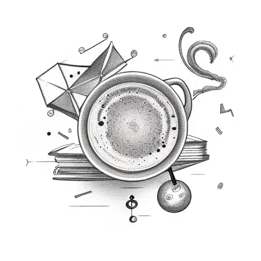 serotonin molecule with books, tea, musical note tattoo design idea