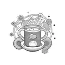 serotonin molecule with books, tea, musical note and a flower tattoo design idea