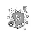 serotonin molecule with books, tea, musical note and a flower tattoo design idea