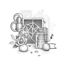 serotonin molecule with books, tea, musical note and a flower tattoo design idea