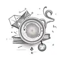 serotonin molecule with books, tea, musical note tattoo design idea