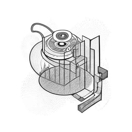 An abstract representation of a turntable with vinyl records and sound waves tattoo design idea