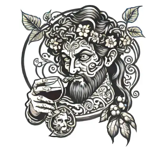dionysus drinking wine with vines and theater masks tattoo design idea