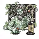 dionysus drinking wine with vines and theater masks tattoo design idea
