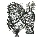 dionysus drinking wine with vines and theater masks tattoo design idea