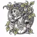 dionysus drinking wine with vines and theater masks tattoo design idea
